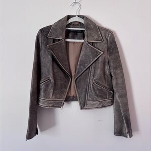 Kenneth Cole Distressed Taupe Gray Suede Moto Jacket